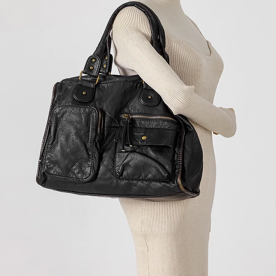 

Vintage Lareg Capacity Multi-Pocket Tote Bag Designer Women Handbags Luxury Soft Pu Leather Shoulder Crossbody Bags Punk Bag2025
