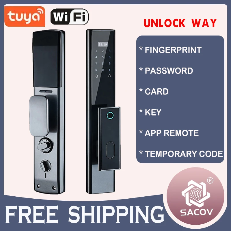 

Tuya WIFI Electronic Smart Door Lock Biometric Fingerprint Card Password Key Unlock USB Emergency Charge Digital Locks