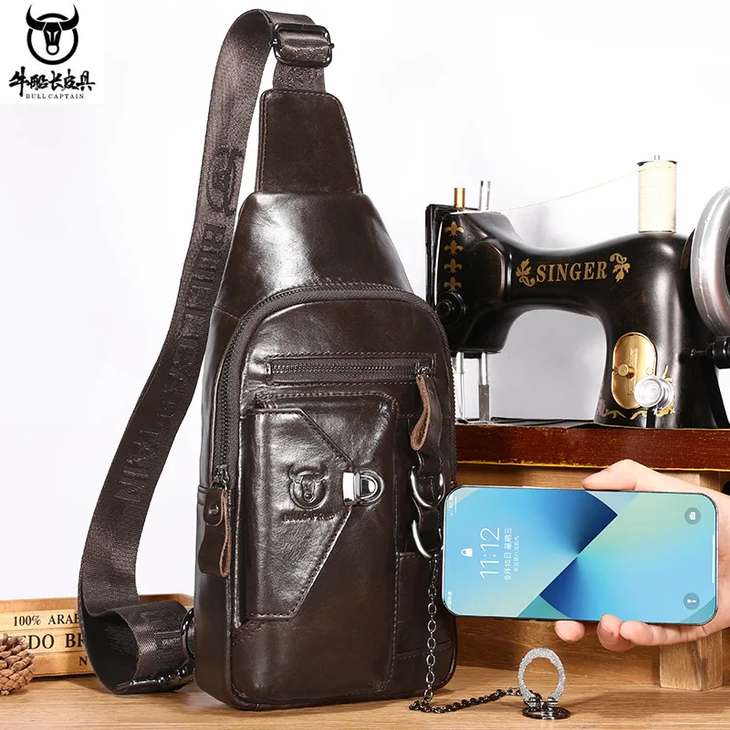 

BULLCAPTAIN Genuine Leather Chest Bag Men's Soft Headlayer Cowhide Insert Lock Mobile Phone Holder One Shoulder Crossbody Bag