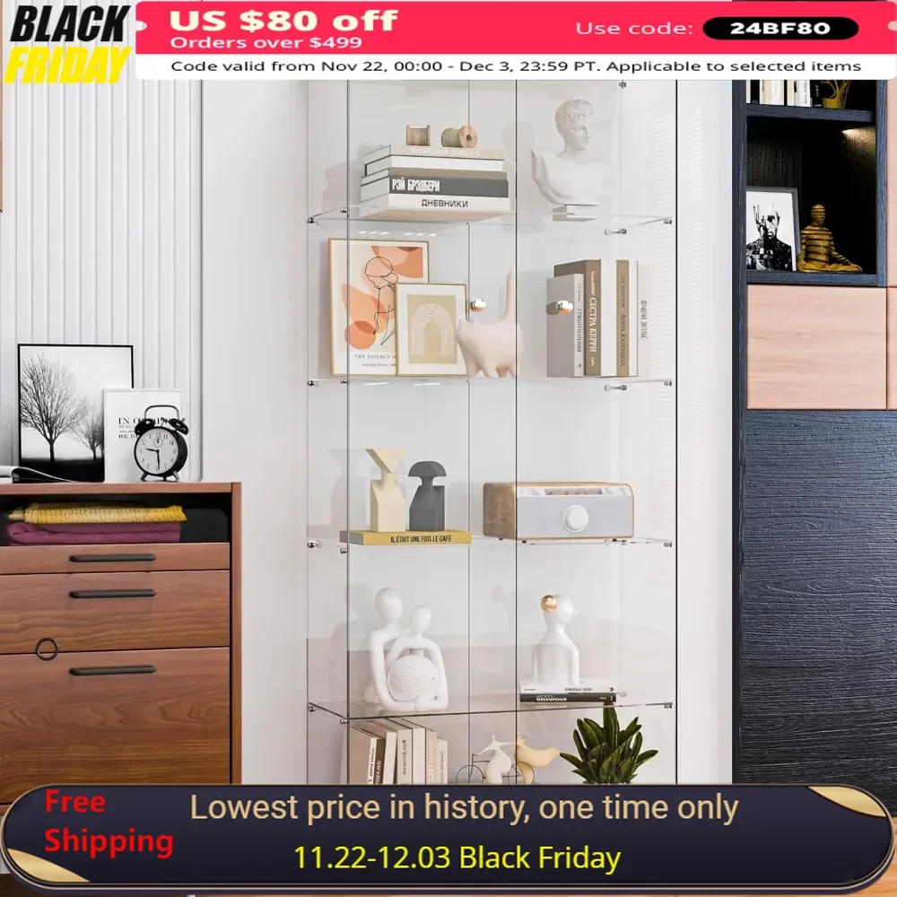 Display Cabinet with Two LED Lights, 5mm Tempered Glass, 2 Door Floor Standing Bookshelf, 5-Shelf Display Cabinet