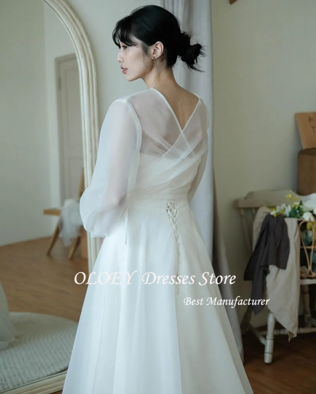 OLOEY Prosta suknia ślubna w stylu koreańskim, linia A, do sesji zdjęciowych, z miękkiego tiulu, długa do podłogi, elegancka suknia ślubna, suknie ślubne z gorsetami szytymi na miarę.