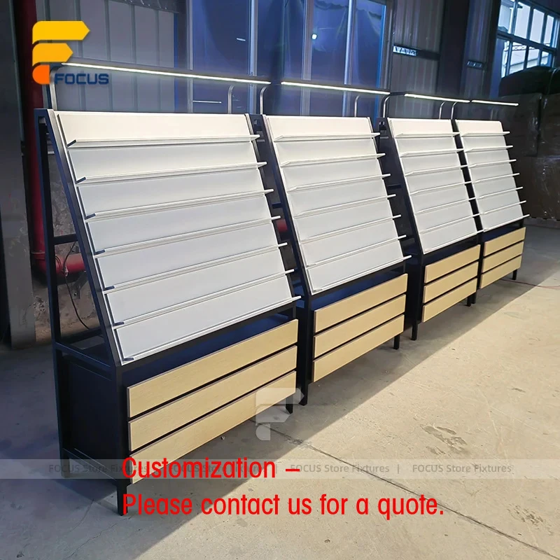 custom.Custom Metal Frame Retail Display Rack Slanted Shelving Unit Wooden Drawer Shop Display Fixtures