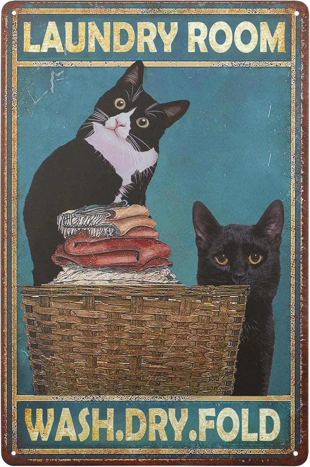 Black Cat Vintage Metal Tin Sign Laundry Room Wash Dry Fold Funny Black Cat Washroom Decor Home Wall Decor 8X12 Inches sign