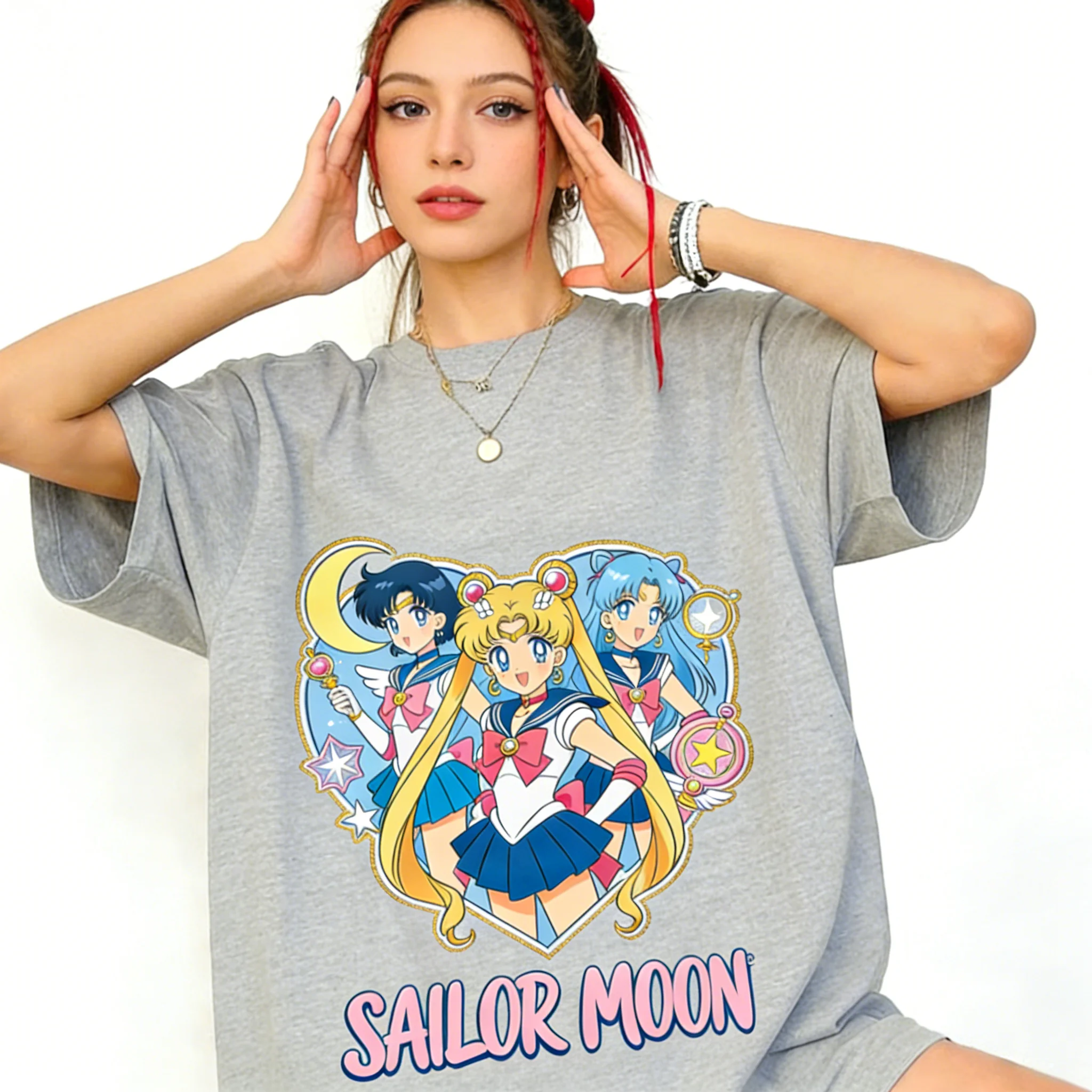 

Summer 2026 Sailor Moon "Core Trio" Love Group Trend 100% Cotton Printed Loose T-shirts for Boys and Girls Parent-child Tops