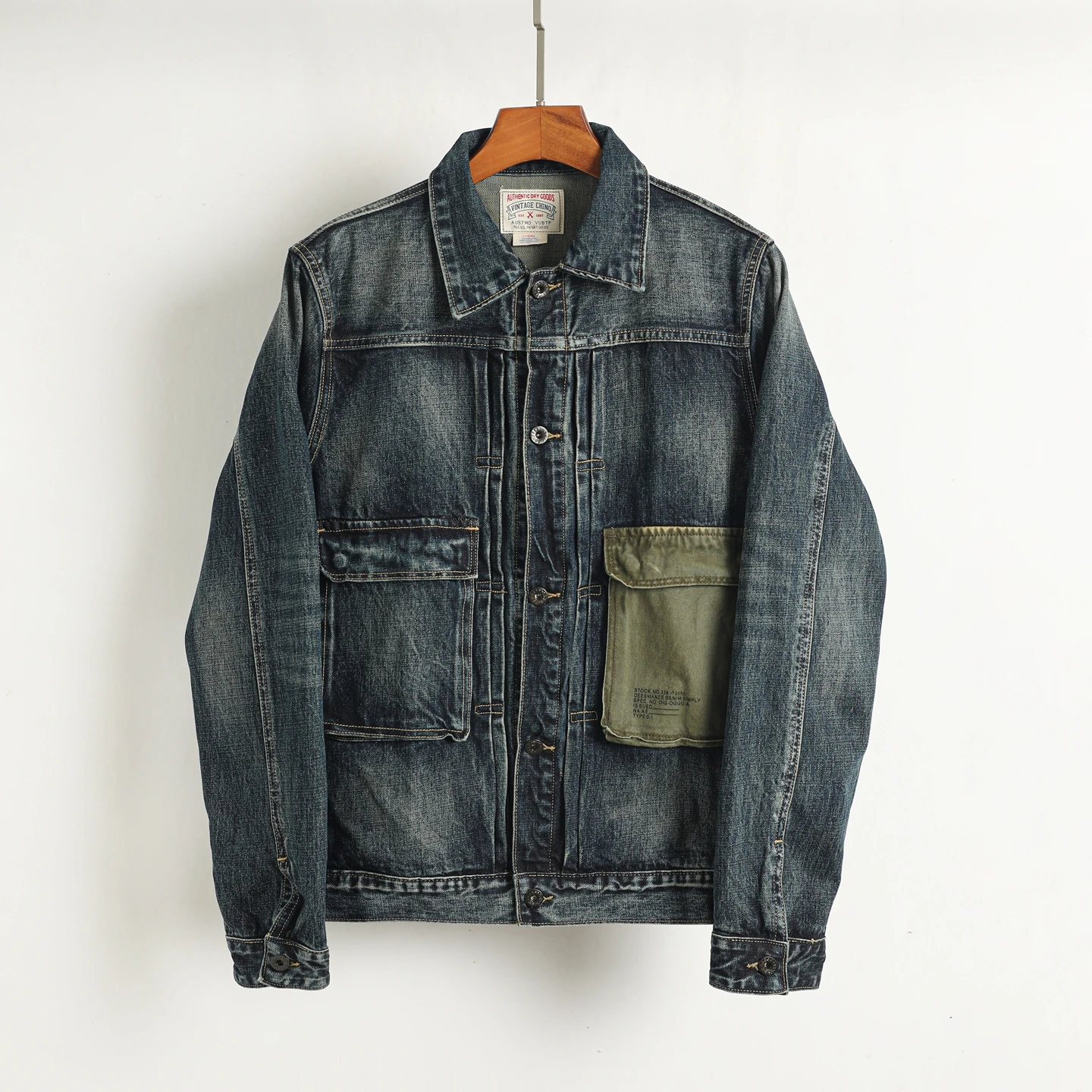 

Retro American Waed Denim Jaet Men's Loose Patchwork Workwear Coat Cotton Long Sve Flip Collar Side ket