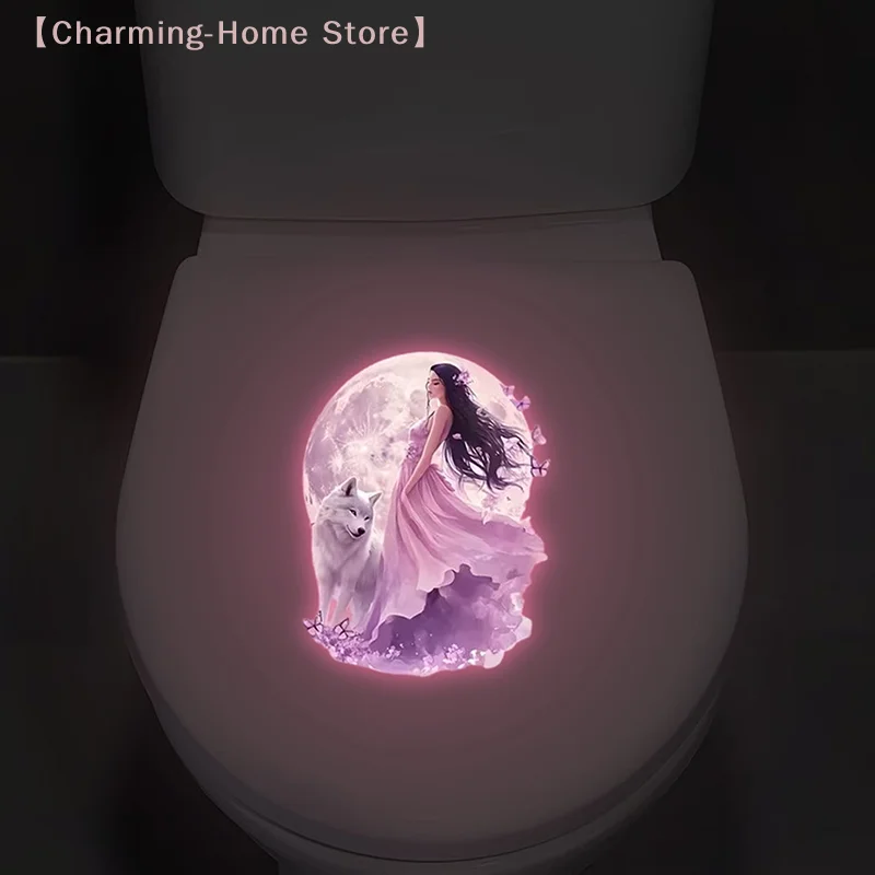 【M】Glow-in-the-Dark Moonlight Fairy Wolf Toilet Sticker Toilet Lid Decoration Wall Decal Self-Adhesive Removable Luminous Decals