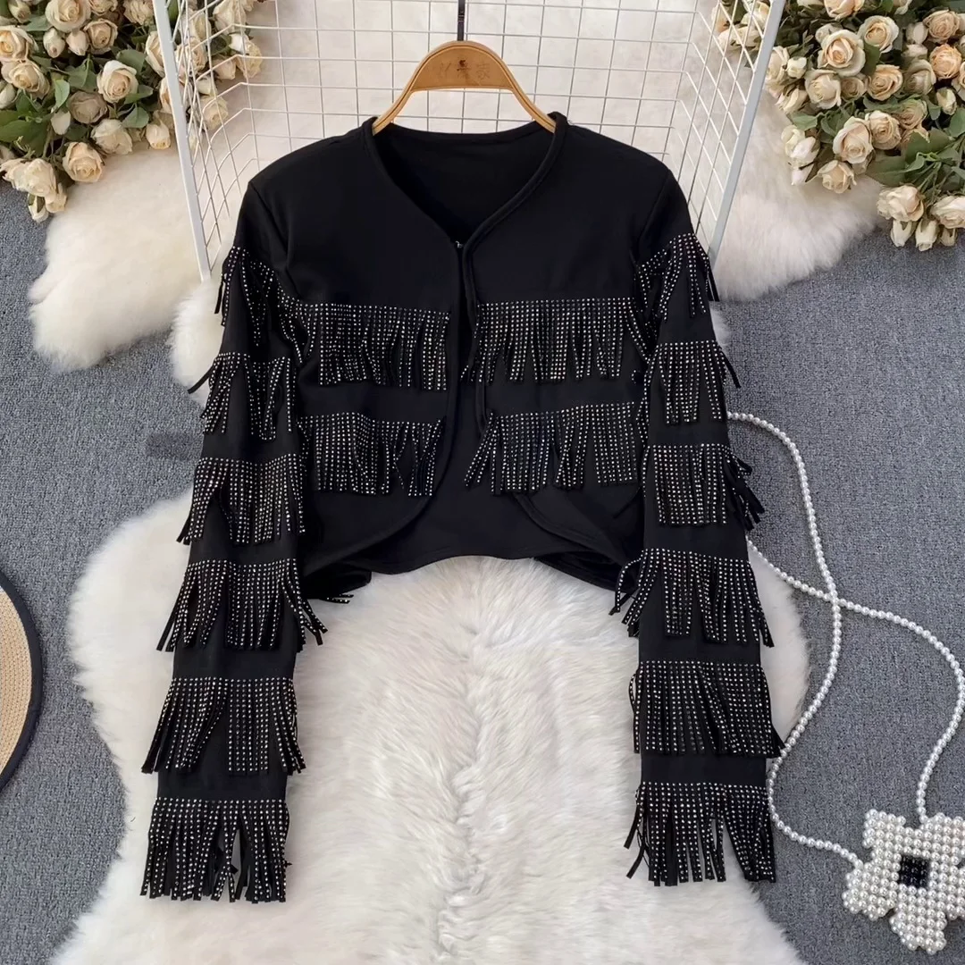 

Spring Autumn Korean Fashion Long Sleeve V-Neck Coat Women Solid Tassel Single Breasted Casual Jacket Ladies Short Tops