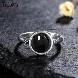 Natural Stone 925 Sterling Silver Balck Agate Rings for Women Vintage Jewelry Wedding Anniversary Engagement Gifts