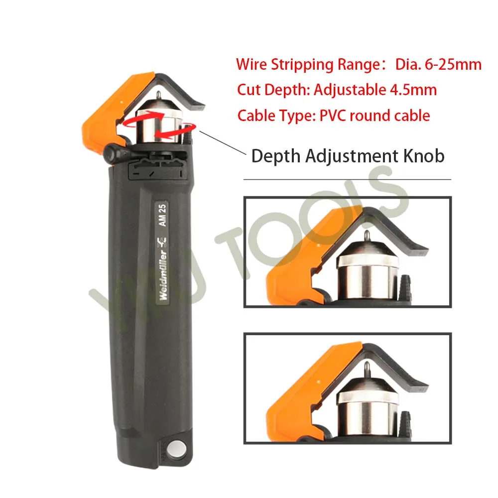 WEIDMULLER 9001540000 AM25 / 9001080000 AM 35-Drahtkabelabisolierer für Dia. 6–25 mm/25–35 mm Kabel mit Tiefenverstellungsknopf – Detail 7