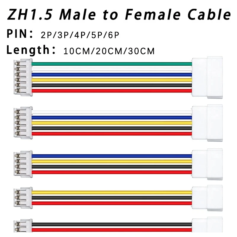 

10PCS JST ZH1.5 Male To Female Connector Extension Line 2P/3P/4P/5P/6P ZH1.5mm Pitch With 10/20/30cm Cable 28AWG
