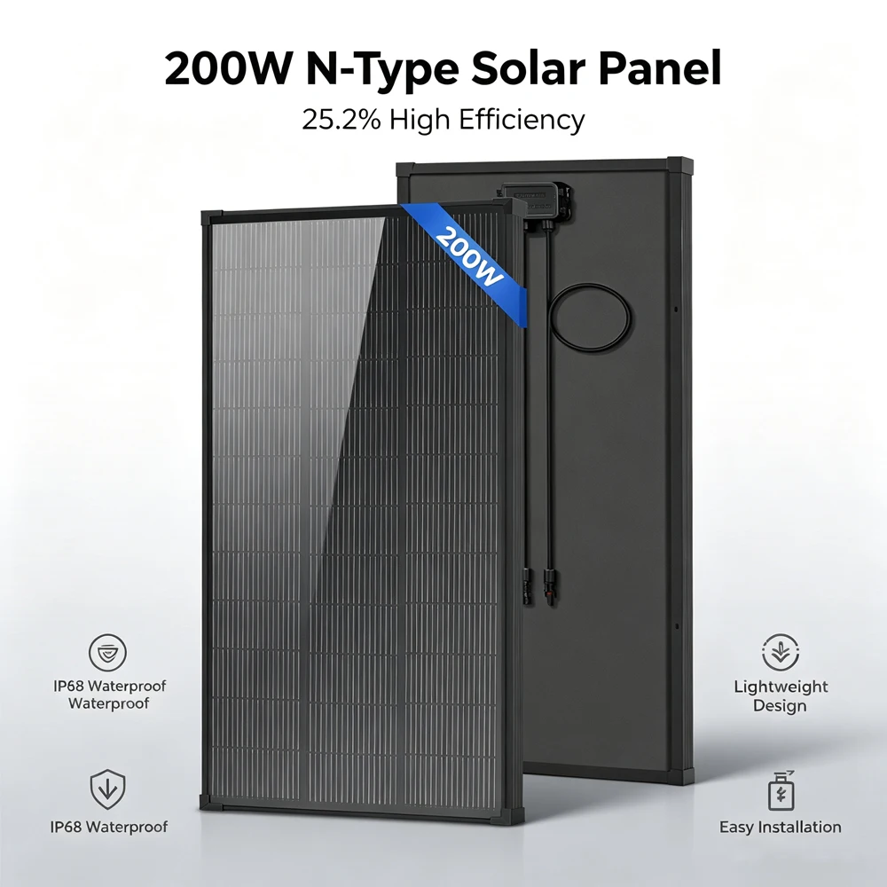 AeternaSol N-Type 18BB 200W 12V Solar Panel 25% Cell Efficiency A+ PV Panel IP68 Waterproof Box Off Grid Solar Module for RV Camper Boat Rooftop Outdoor Power Supply