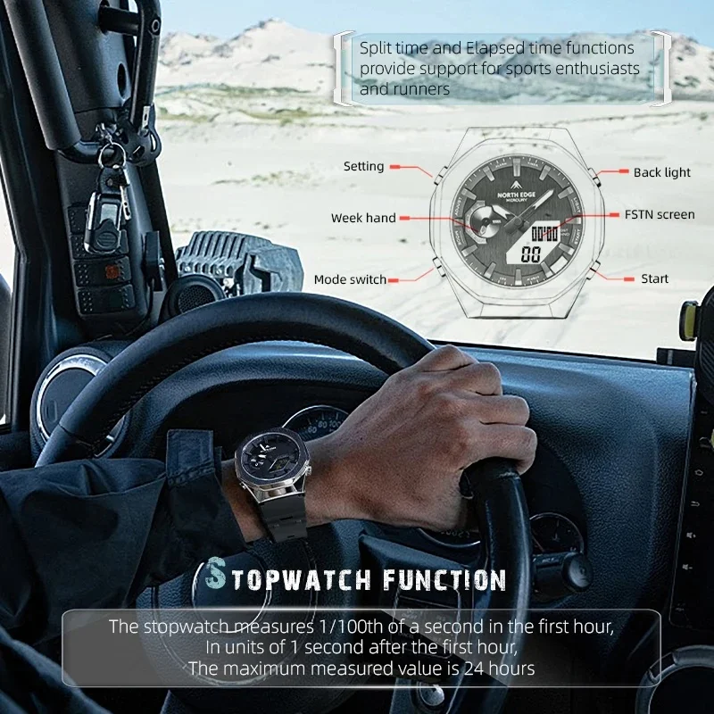 NORTH EDGE MERCURY Men's Military Digital Watch Stopwatch Waterproof 50M Sports Watches World Time LED Wristwatch