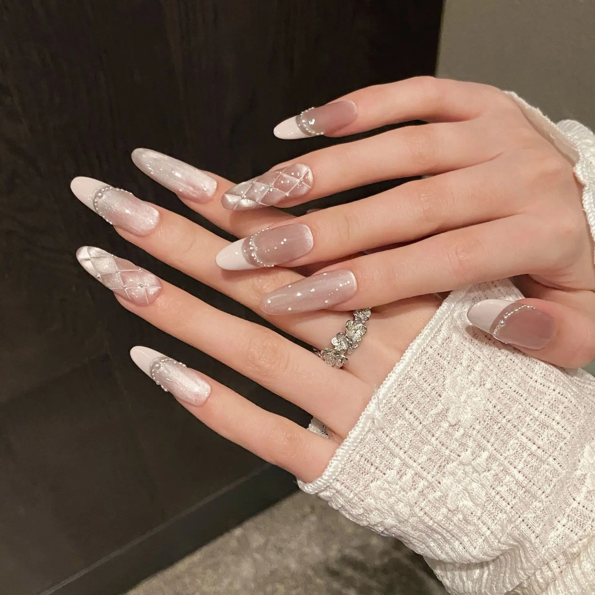 10pcs Handmade Press on Nails Diamond French Pearl Powder Cat's Eye Bow False Nail for Women&Girl Removable Wearable Nail Art