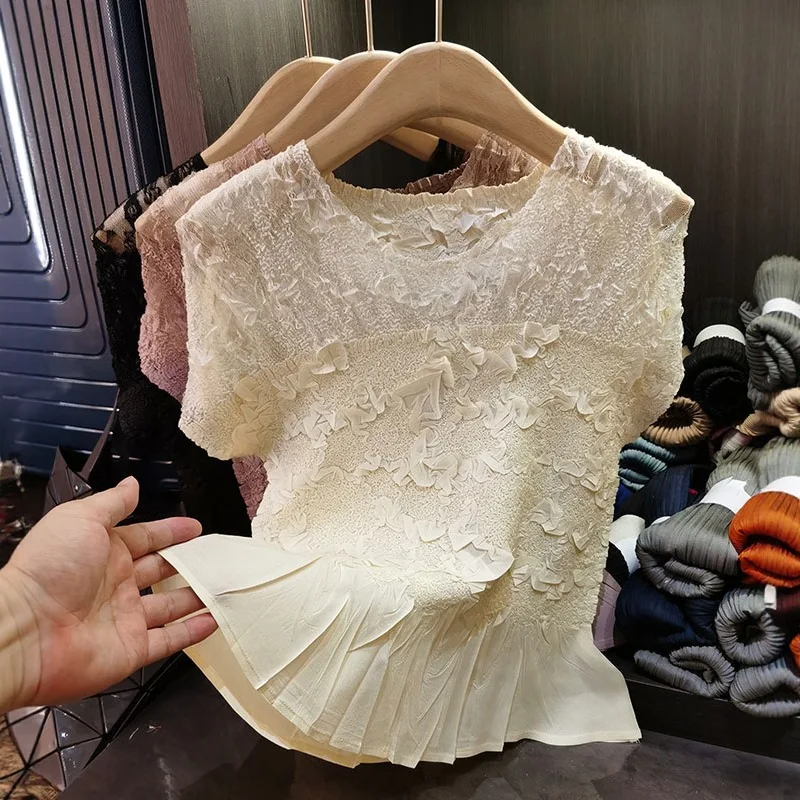 

Футболка со складками Miyake, лето 2022, плиссированные топы Miyake Fold в стиле пэчворк, женские топы со складками на талии, универсальная футболка с короткими рукавами
