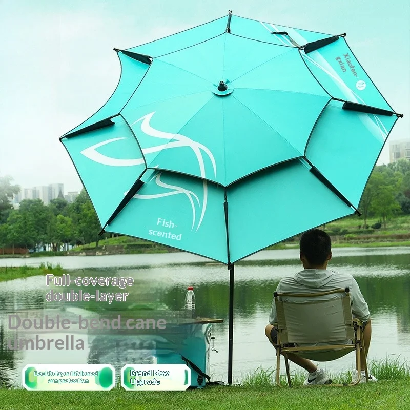 

Heavy Duty Fishing Umbrella Thick UV Sunshade Three Fold Large Double Pole Beach Patio Camping Umbrella Base Included Outdoor