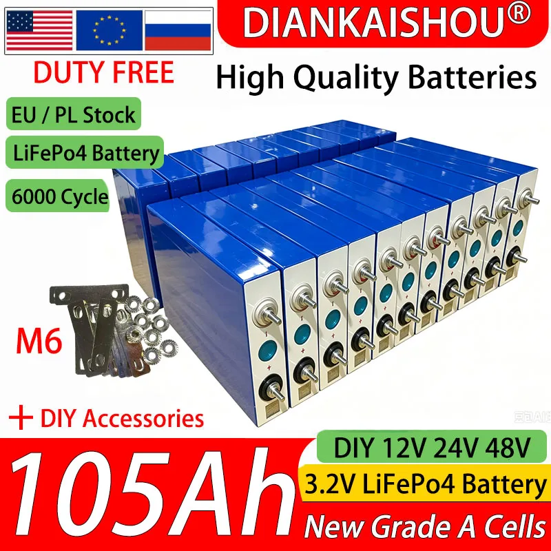 Image of EU/PL Lagerbestand, zollfrei, 3,2V LiFePO4 105Ah Batteriezellenpaket, DIY 12V 24V 48V, für Wohnmobil, Boot, Schiff, Van, Golfwagen, Campingwagen, Elektrofahrzeug, Solarenergie-Speicher, A-Grade