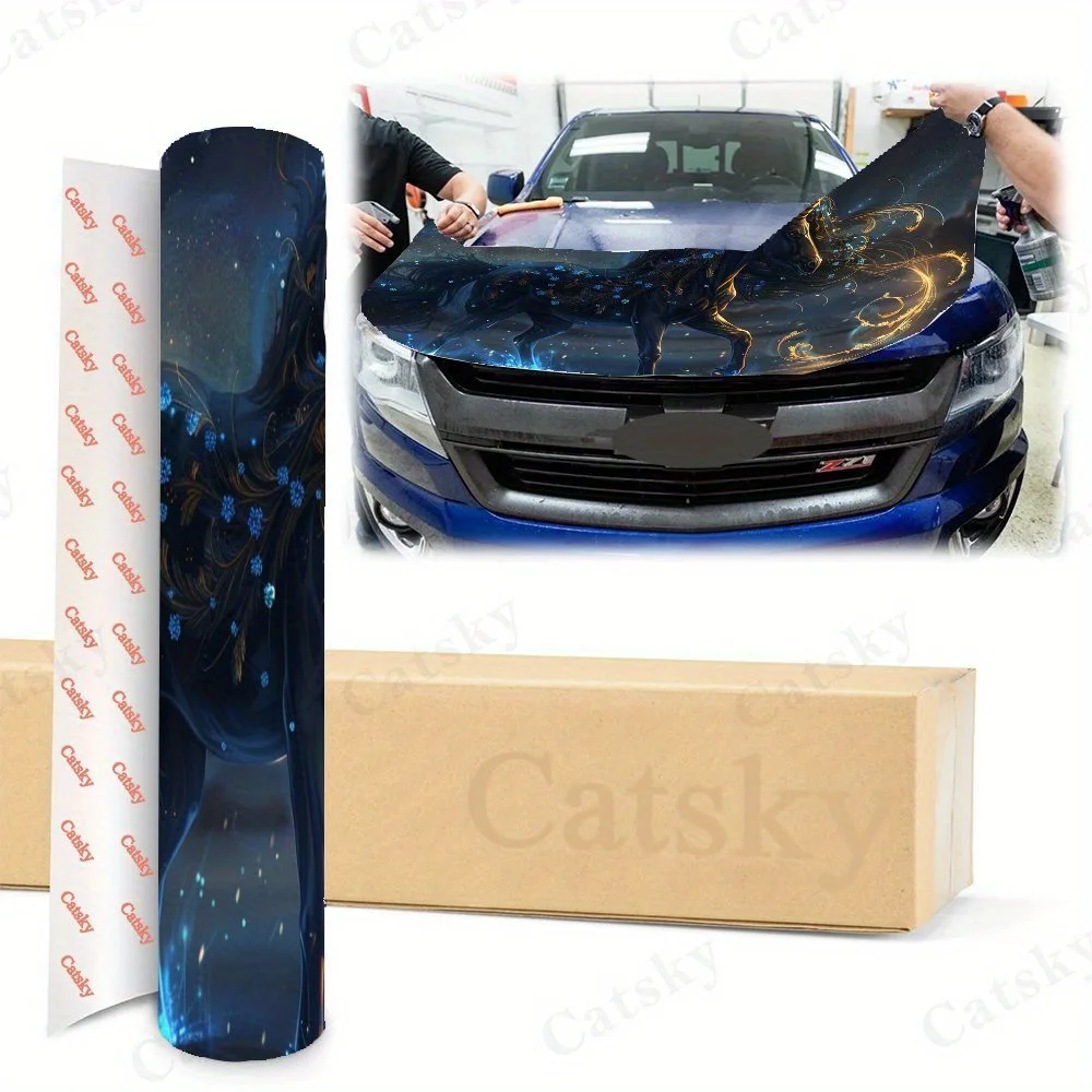 ملصقات غطاء السيارة Dark - Sky Spirit Steed Print، مقاومة للماء ذاتية اللصق، مقاومة للخدش، سهلة الالتصاق، متينة للسيارة PVC sti