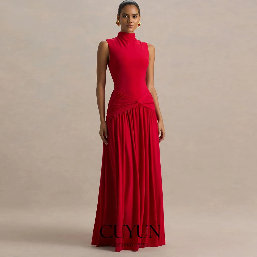 

CUYUN Red High-Neck Maxi Dress with Twist Sleeveless A Line Draped Long Prom Party Dress Customized Wedding Party Dress Formal