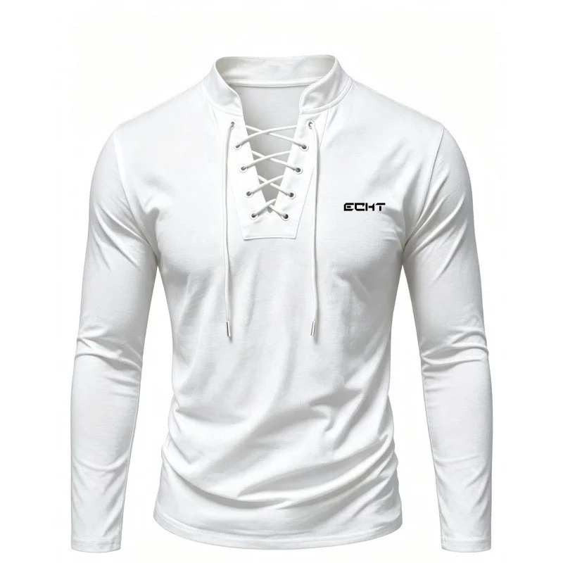 2026 Cross-border Foreign Trade Autumn Men's Retro Stand-up Collar Tie-front Leisure Printed Long-sleeve Henley Shirt New Style - view 2