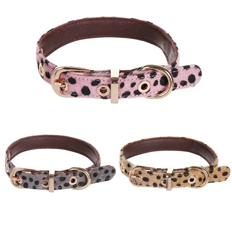 Leopard Pattern Small Dog Collar with Soft PU Leather Dog Metal Leash- Adjustable Comfort Fit Pet Collar for Wal