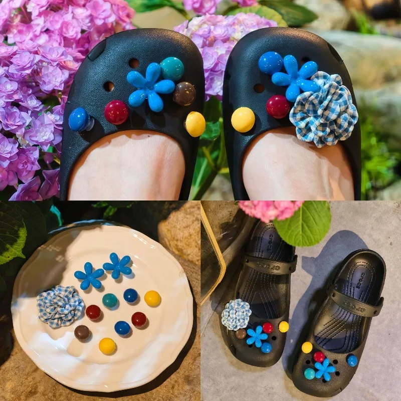 Colourful Bead & Checked Fabric Flower Clog Shoe Charms, Mixed Floral Shoe Accessories DIY Hollow Sandal Decor Everyday Outfits