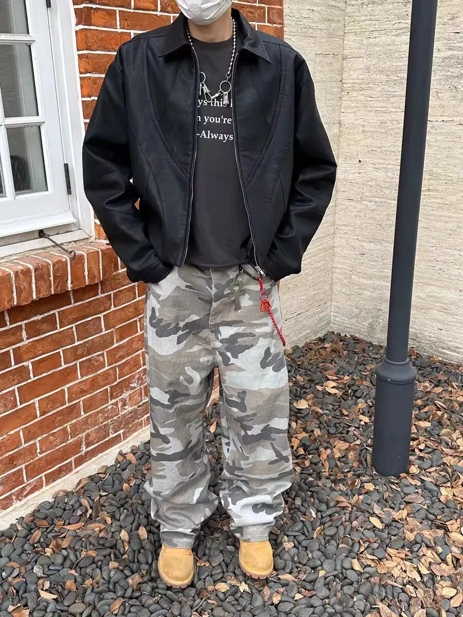 

American Retro Street Loose Wide Leg Casual Pants Gaggy Silhouette Lightweight Camouflage Trousers for Men Spring Season