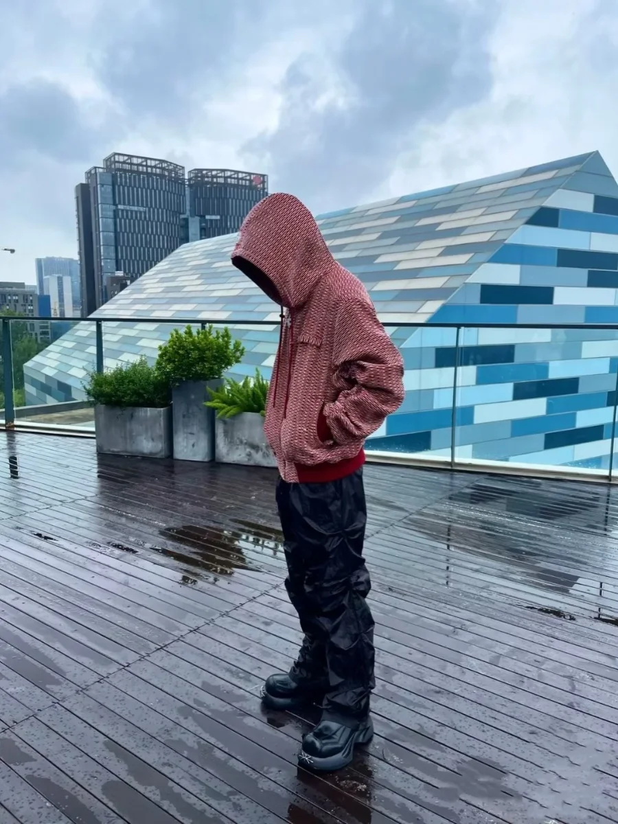 

American Style Dark Red Bomber Pilot Jacket Striped Casual Zipper Coat Thickened Woolen Hoodie Men's Fashion Autumn Winter