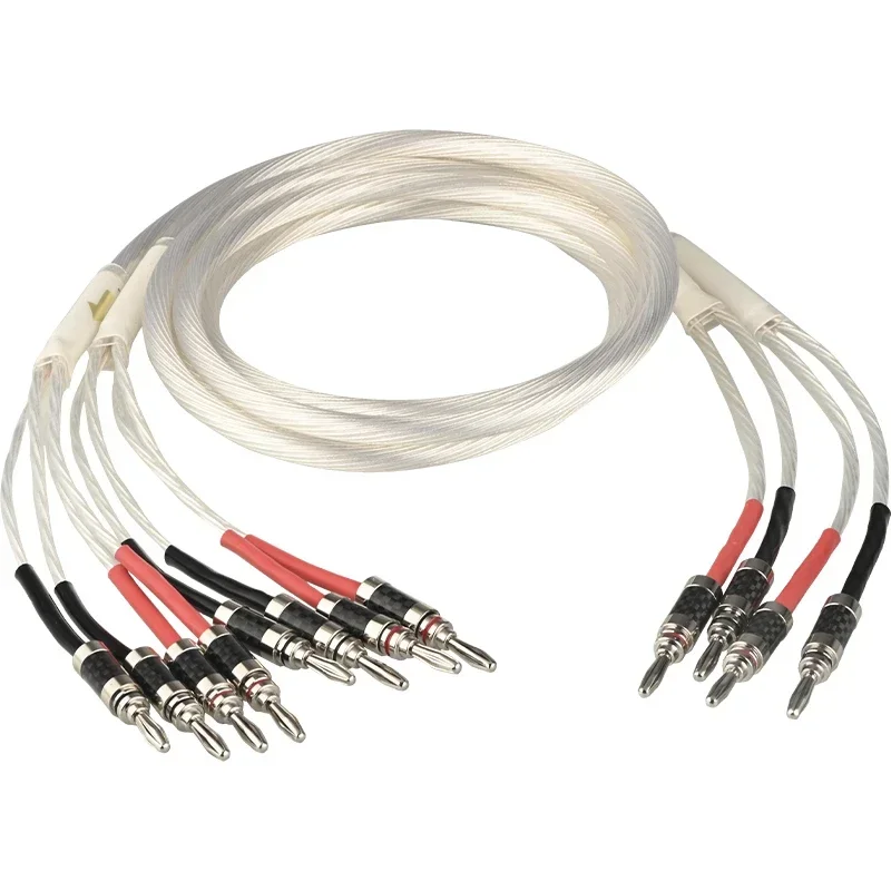 Hi-end 5NOCC Silver Plated Speaker Cable Banana Plug 2 to 4 Biwire HiFi Audio Loudspeaker Wire