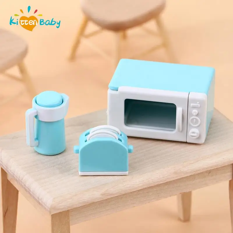 3Pcs/Set Doll Kitchenware 1:12 Dollhouse Mini Microwave Oven Bread Maker Kettle Kit Kitchen Cookware Accessories Toys