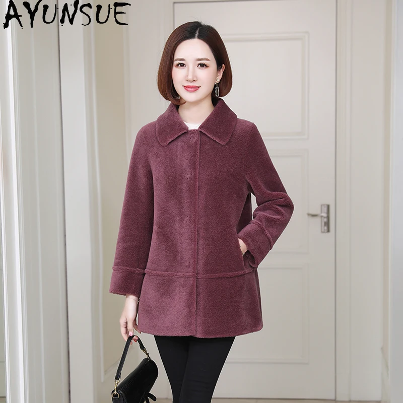 เสื้อโค้ทขนสัตว์แท้ 100% ยี่ห้อ AYUNSUE สำหรับผู้หญิง แจ็คเก็ตขนแกะแท้ เสื้อผ้าฤดูใบไม้ร่วงและฤดูหนาว เสื้อคลุมขนสัตว์ผสมสำหรับผู้หญิง เสื้อคลุมด้านนอก