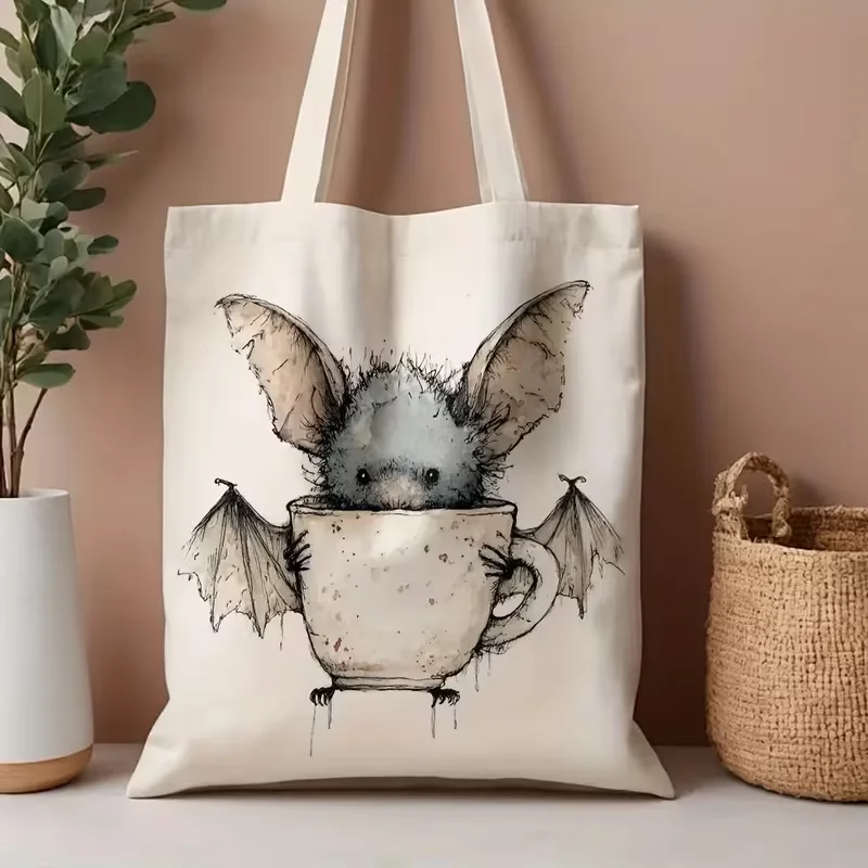 Bat Illustration Canvas Tote Bag Reusable Grocery Bags , Stylish Reusable Shopping Bag for Daily Use, Commuting, Grocery Tote