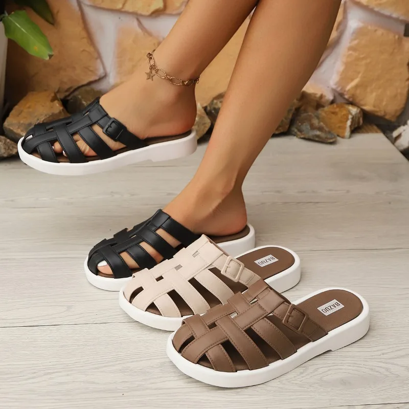 

Летние дышащие вязаные тапочки Baotou для женщин, новинка 2023 года, сандалии на толстой подошве, модная и удобная пляжная женская обувь