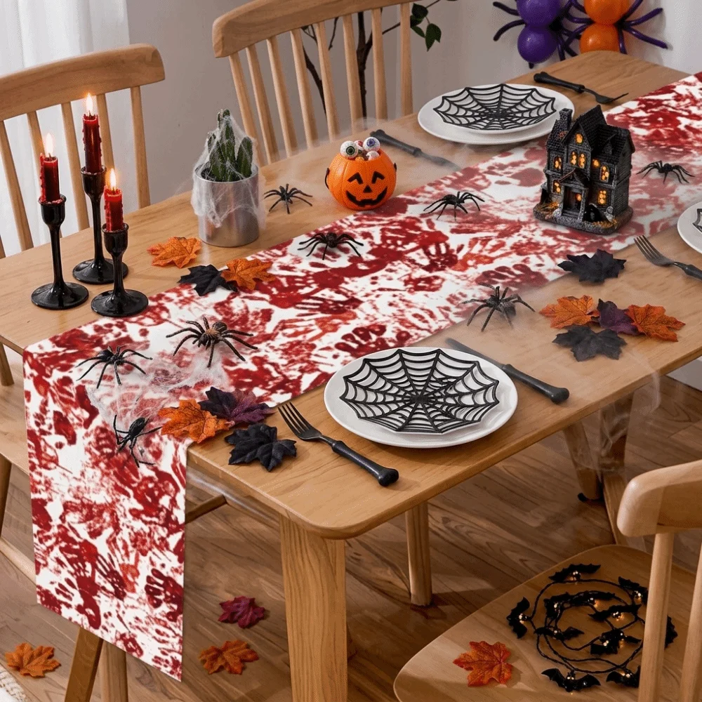 Prop Bloody Halloween Table Runner Handprint Red Halloween Decorative Tablecloth Gothic Blood Stain Placemat Halloween Party