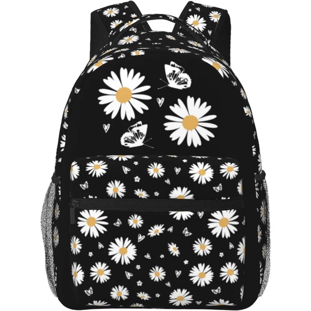 

Daisy-Print School Backpack Daisy Flower Bookbag Daisys Black Bookbag Girls Flower Print Backpack For Girls Elementary