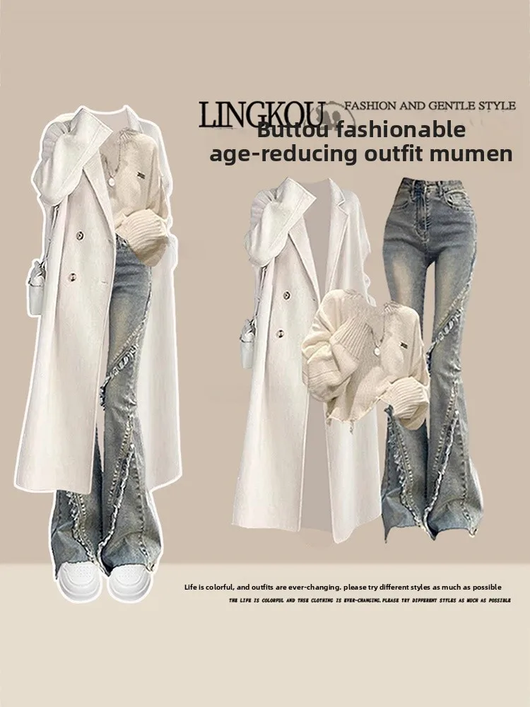 Autunno Faionable Maglione lavorato a maglia e jeans dimagranti Set di magliette da donna Light Maturi Sle Capispalla Colletto alla moda...