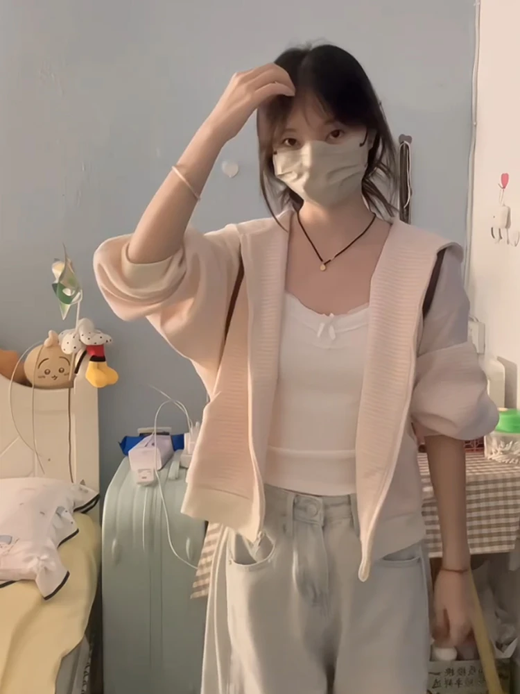 Koreański kardigan w paski z kapturem, rozpinany, damski, długi sweter, casualowy, w stylu lazy, zapinany na zamek, kurtka, nowość na jesień.