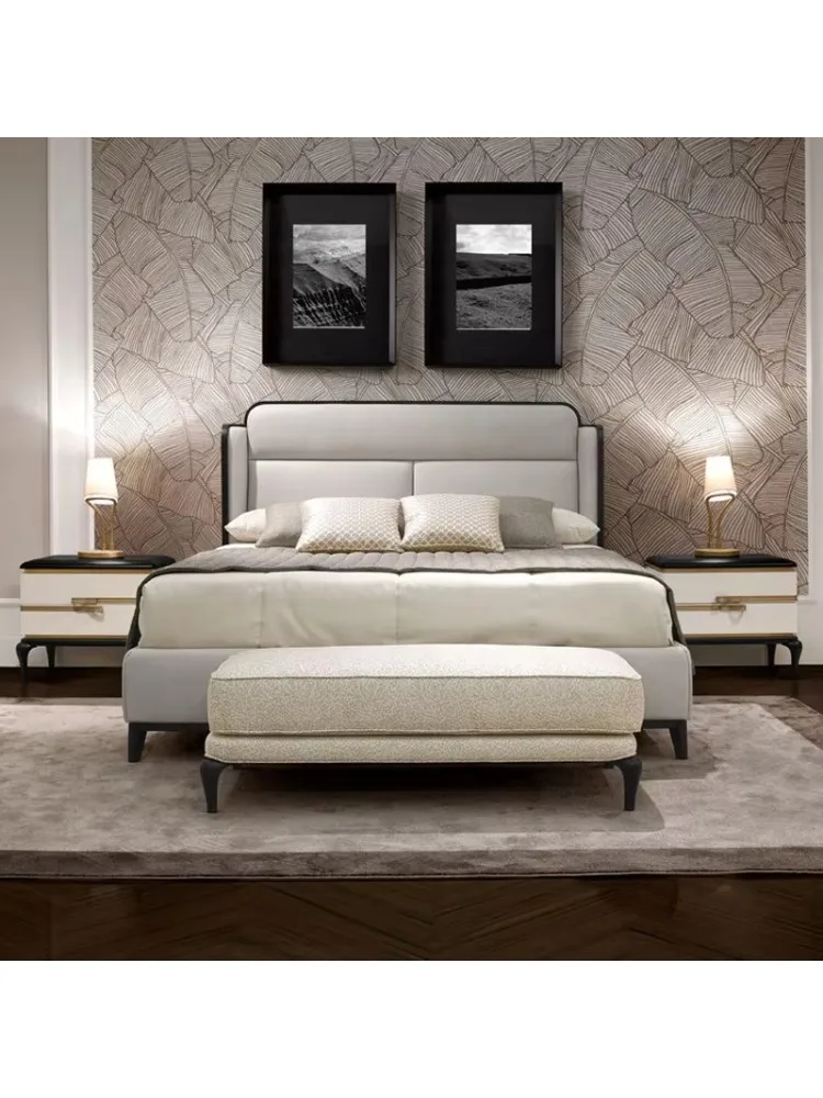 Bedroom hotel furniture, plywood frame, luxury leather stainless steel leg king bed