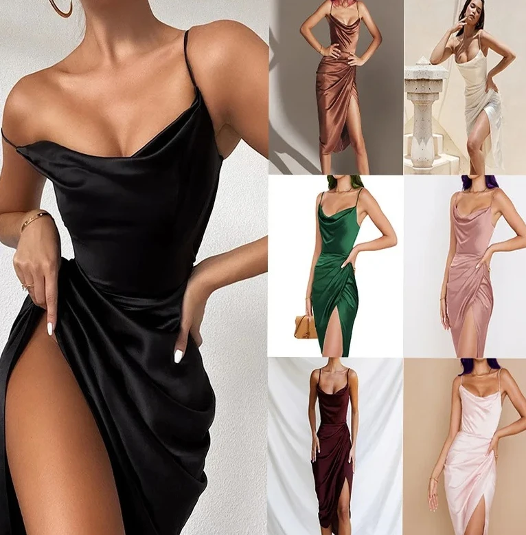 Dames cocktailjurk satijnen band diepe V bodycon maxi-jurk hoge split avondfeest clubwear