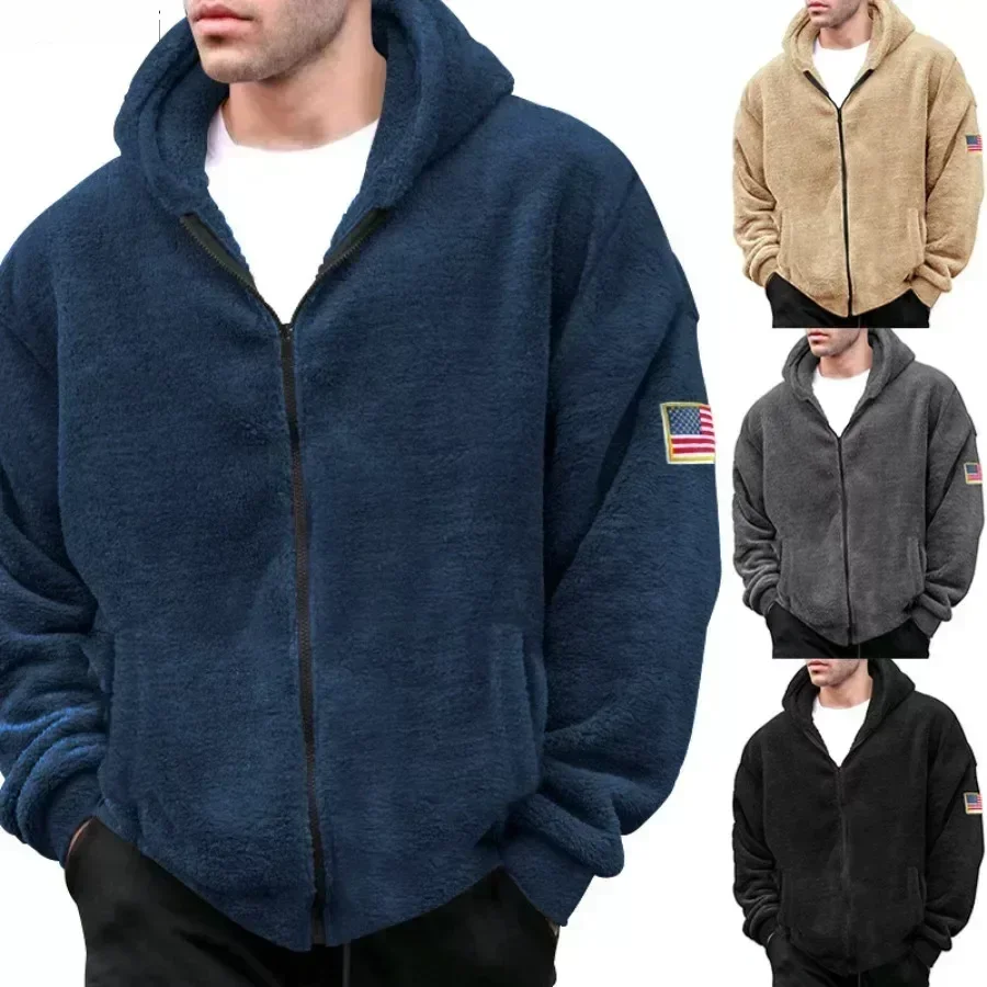 Autumn Winter Men's Warm Fleece Coats Hooded Sweatshirt Zip-up Long Sleeve Loose Plush Jackets Men Casual Outerwear Jackets