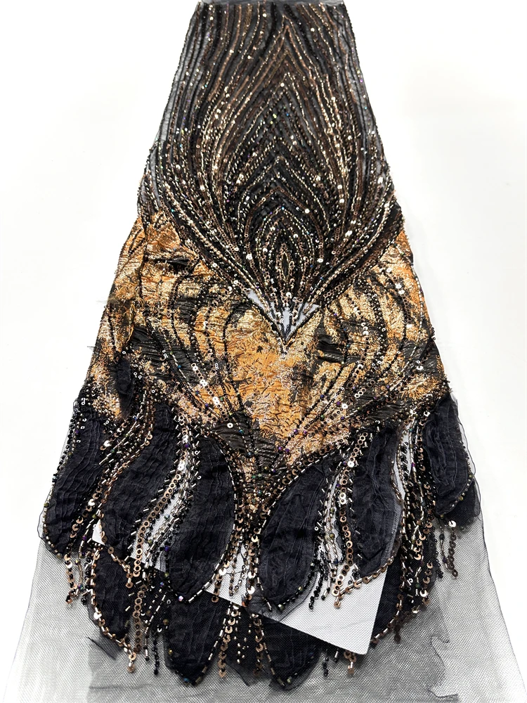 Latest African Sequins Lace Fabric 2026 High Quality Lace Embroidery Beaded Mesh Fabric 5 Yards for Women Party Dress