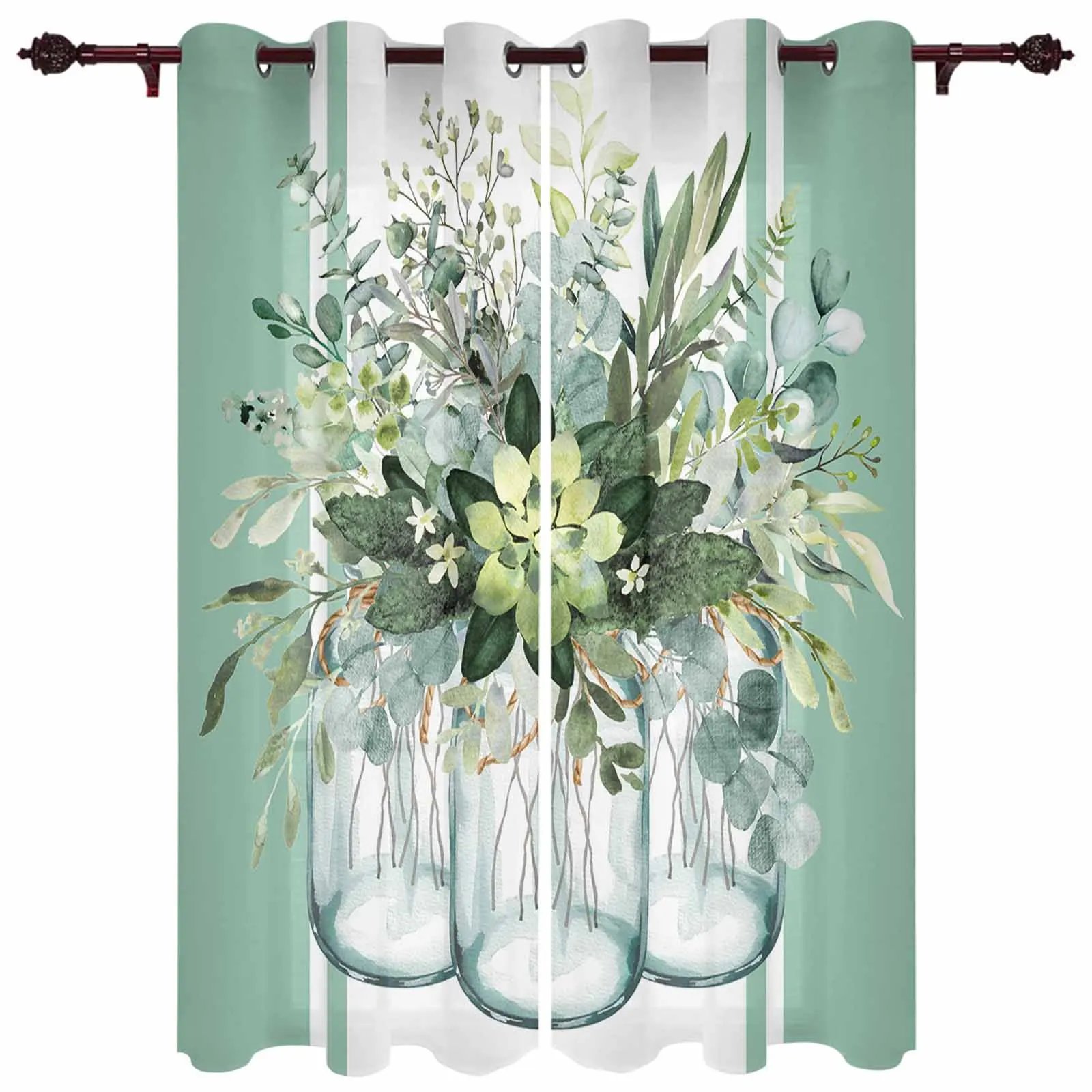 Spring Eucalyptus Leaves Striped Sage Green Indoor Bedroom Curtains Living Room Luxury Drapes Large Curtains Window Treatments