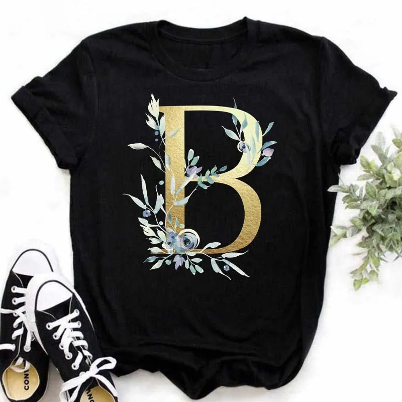 Maycaur Gold Alphabet with Blue Flowers A B C D Letter Print Women T Shirt Customize Name T Shirt Short Sleeve Female Tees Tops