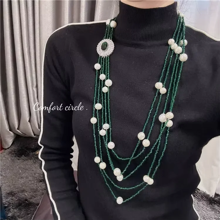 

5 Strands Natural White Pearl Black Crystal Necklace Handmade Multi Strands Necklace Fashion Jewelry