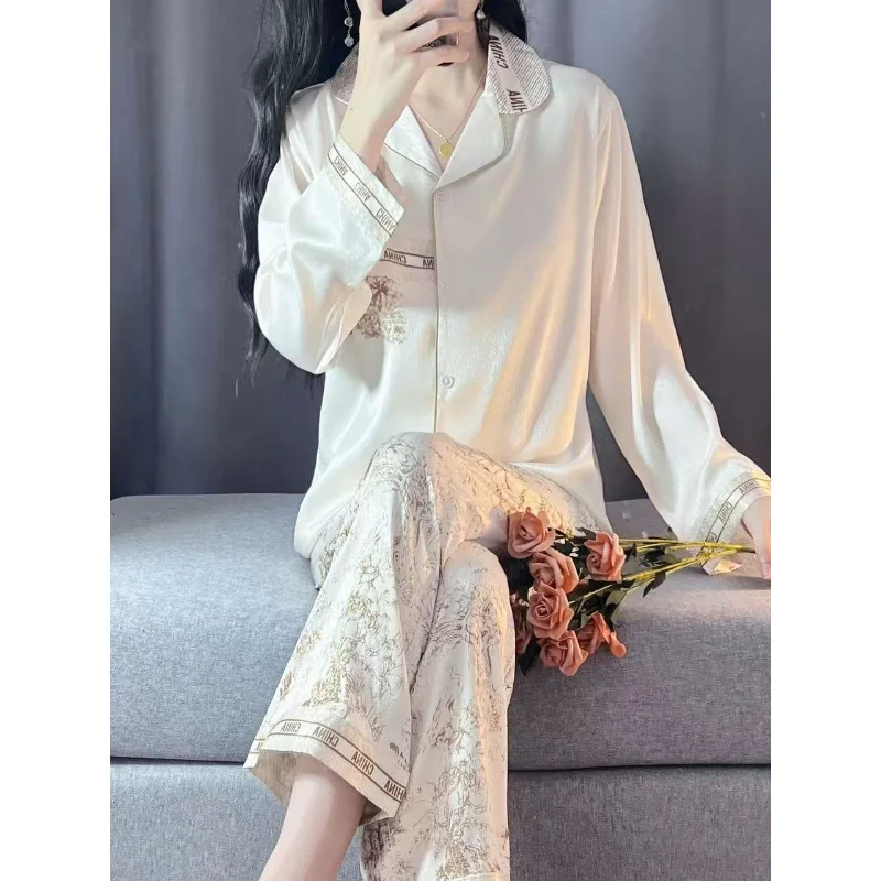 【 Original Design Niche 】 Light Luxury Pajamas Women Spring and Autumn Long Sleeve New Home Dress Set Women Thin Ice Silk Summer