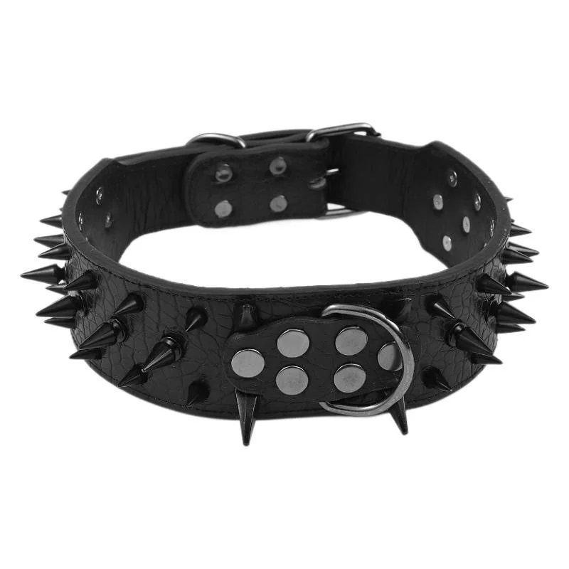 Adjustable Leather Dog Collar Spiked Anti Bite Large Dogs Bulldog Pitbull Black Pet Neck Strap Training Supplies - view 2