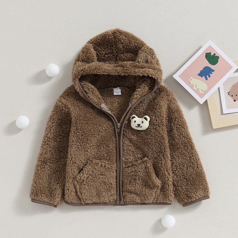 Hooded Coat Baby Boy Girl Fuzzy Jacket Winter Warm Clothes 3D Bear Zipper Sweatshirt Closure Fleece Tops Outerwear