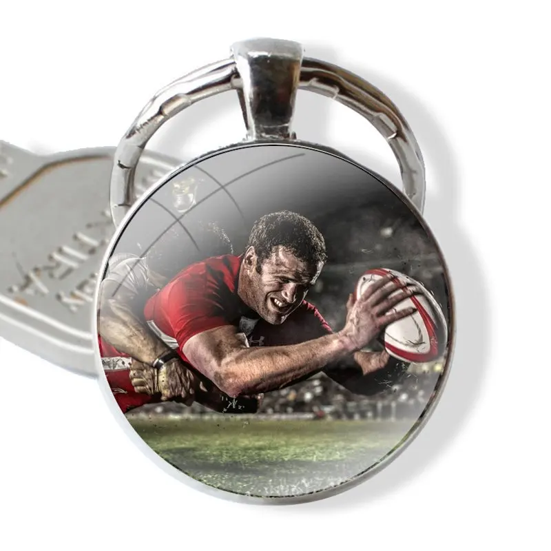 Rugby Ball Sport Keychain Handmade Glass Cabochon Key Ring Holder Pendant Key Chains