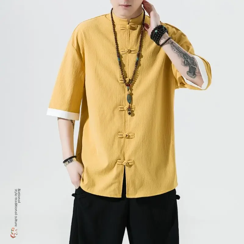 Summer Style Men's Linen Shirt Five-point Sleeve Tang Suit Ancient Style Cotton Linen Hanfu Zhongshan Suit