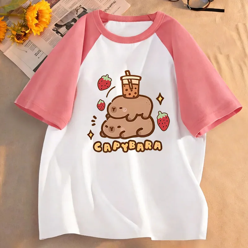 

Capybara with Strawberry Lovely Design Printed T Shirts Kids Children's T-shirt Boys Girls Summer Spring Casual Top Tee Shirt