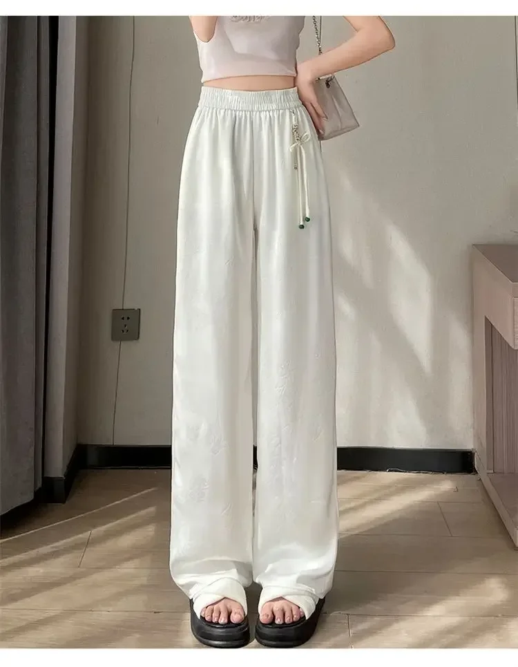 

Women's Spring Summer New Chinese Style Satin Jacquard Casual Pants High Waist Loose Elastic Waist Straight Wide Leg Pants